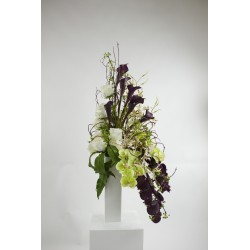 Vase Blanc - Bouquet Orchidée, Rose, Arum, Baie - Pourpre, Blanc