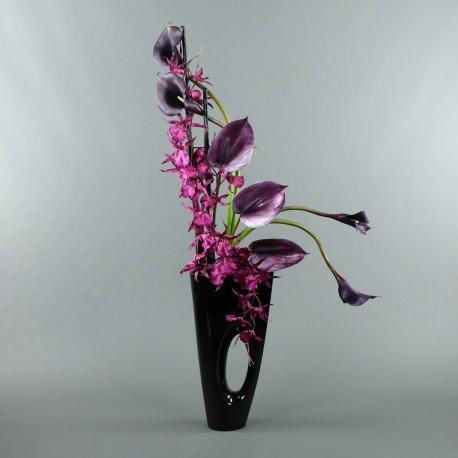 Bois Laqué Maldives noir GM - Orchidée spider fushia, Arum, Anthurium