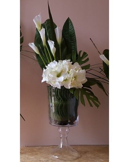 Gobelet L - Amaryllis blanc. arums blancs. feuilles exotiques